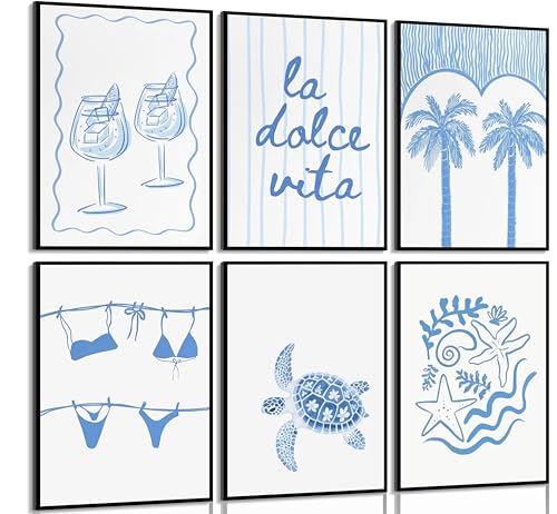 6Pcs Blue coast Preppy Canvas Wall Art Bikini Palm Tree Coquette Painting Picture Wall Decor Starfish Sea Turtle Coastal Granddaughter Poster Artwork for Girls Bedroom Dorm Apartment Home Decoration
