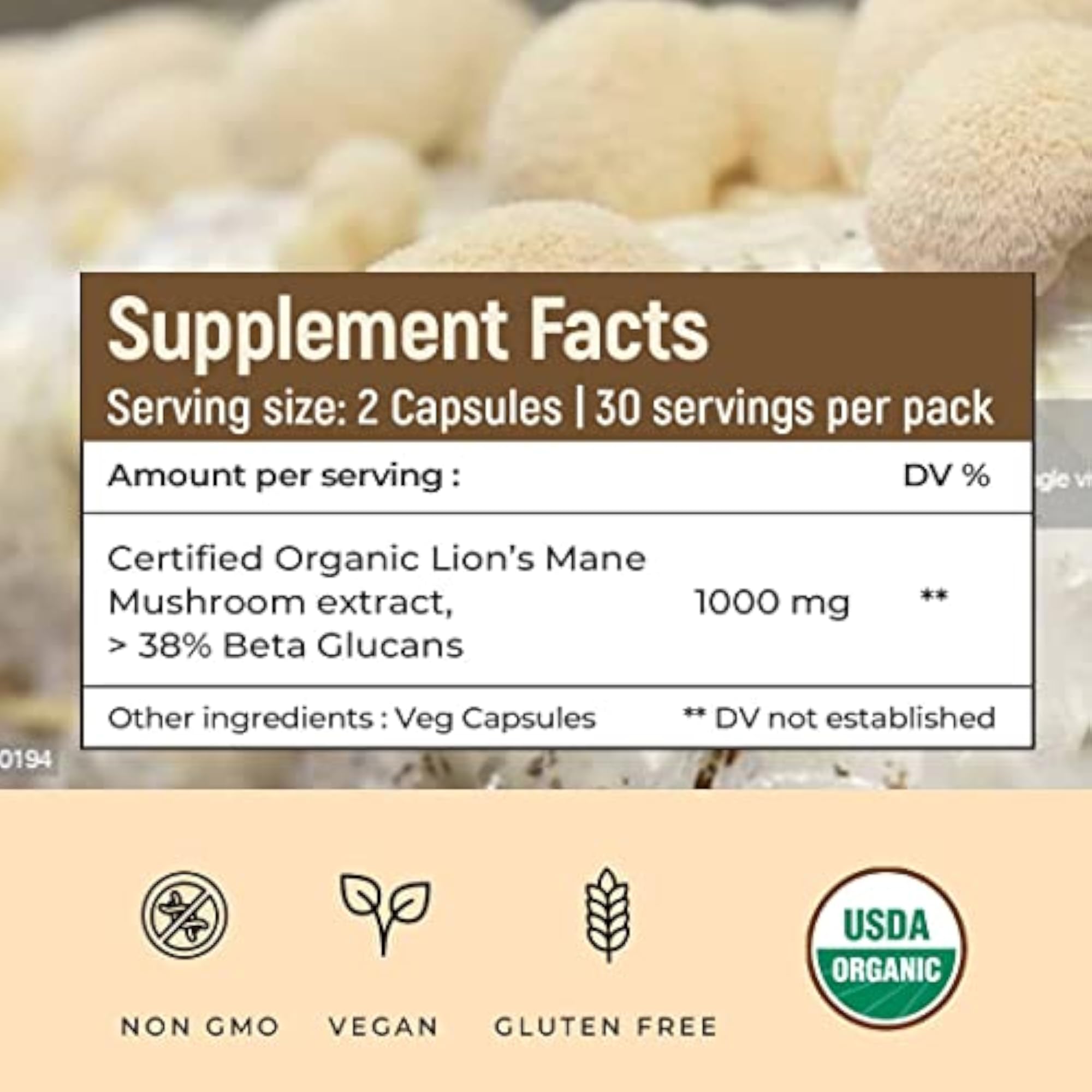 USDA Organic Lions Mane Mushroom Extract Capsules, 60 Count