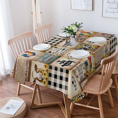 Waterproof Tablecloth - Farmhouse Animals Oil Proof Spill Proof Table Covers, Farm Country Cow Pig Rooster Plaid 52 x 70 Inch - Rectangle Table Clothes for Dining Room, Party, Wedding