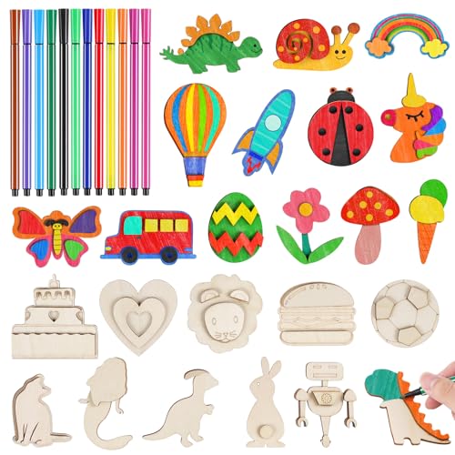 BLISSIQUEE 24 DIY Kühlschrankmagnete Bastelset Kinder ab 4-8 8-12 Jahre, Kreativ Geschenke für Kinder 4 5 6 7 8 9 10 11 12 Jahren, Magnete Kühlschrank Holz zum Bemalen und Basteln Holzbastelset