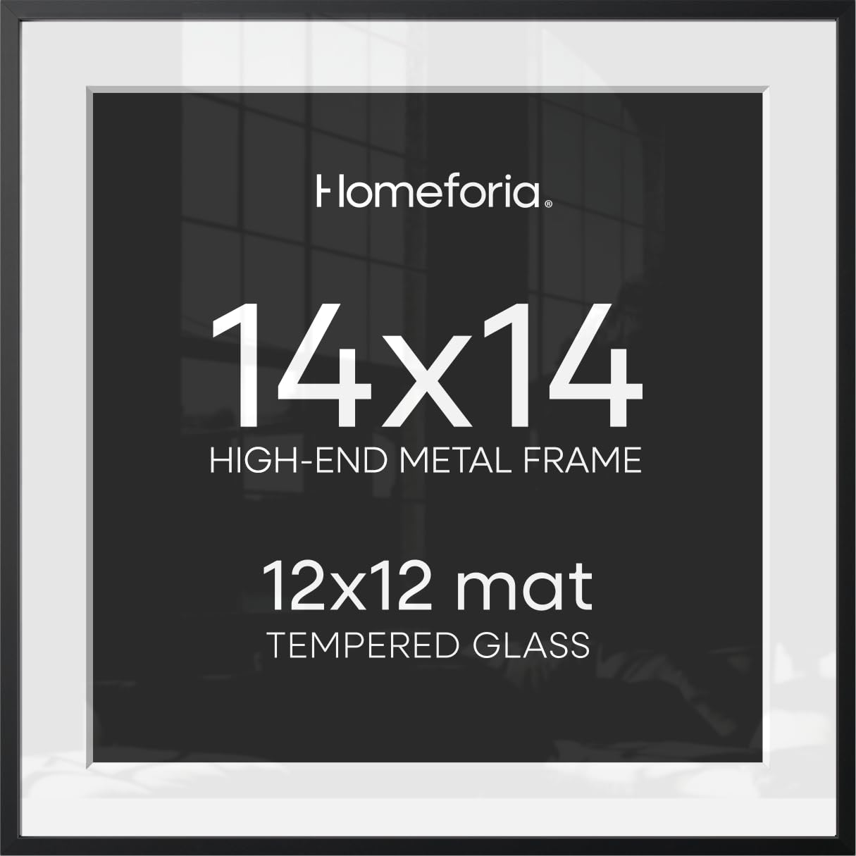 Homeforia 14x14 Black Picture Frame, High-End Metal, 12x12 Mat, Glass