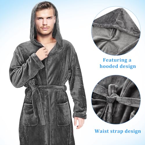 Mens Hooded Robe Fuzzy Mens Robe Bathrobe Long Spa Robe with Belt 2 Pockets Soft Warm Knee Length Bathrobe 5