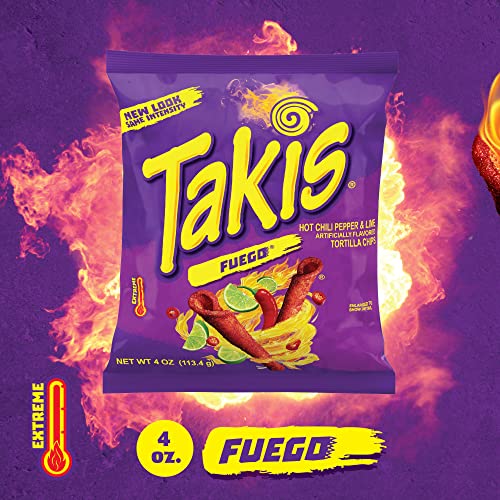 Takis Fuego Rolled Tortilla Chips, Hot Chili Pepper And Lime Artificially Flavored, 4 Ounce Bag #TOP1