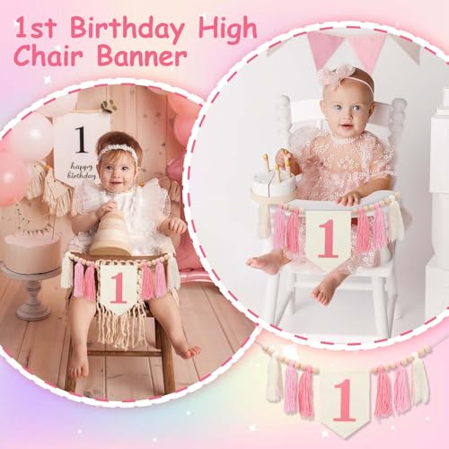Image of One High Chair Banner for 1st Birthday Decoration Girls, Pink Tassel Banner for 1st Birthday Photo Backdrop Decor