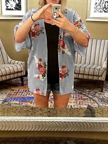 Women's Floral Print Short Sleeve Shawl Chiffon Kimono Cardigan Casual Blouse Tops(Purple Grey M) #TOP3