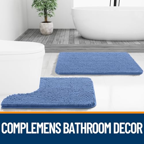 Image of OLANLY Bathroom Rugs Sets 2 Piece, Soft Absorbent Chenille Bath Mats and U-Shaped Contour Toilet Rug Set, Machine Washable Bath Carpet, Home Decor Accessories(47 inchx20 inch+24 inchx20 inch, Cornflower Blue)