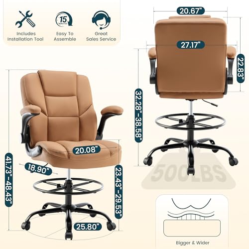 Image of Drafting Chair 500Lbs, Tall Office Chair for Standing Desk, High PU Leather Executive Office Chair with Flip-up Armrests, Ergonomic High Chair with Adjustable Foot Ring, Comfy Stool Chairs, Brown