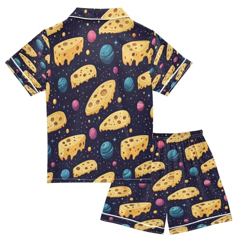 Satin Pajama Sets Short Sleeve Cheese Slices and Planets Pattern Button Down Silky Nightwear 2 Piece PJS 5-14Y2