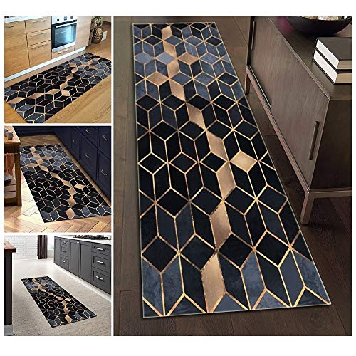 Filjr Teppich Läufer Flur Küche rutschfest Waschbar Blau und Schwarz 70X150cm Lange Vintage Kücheläufer Teppichläufer Polyester Meterware Anpassbar