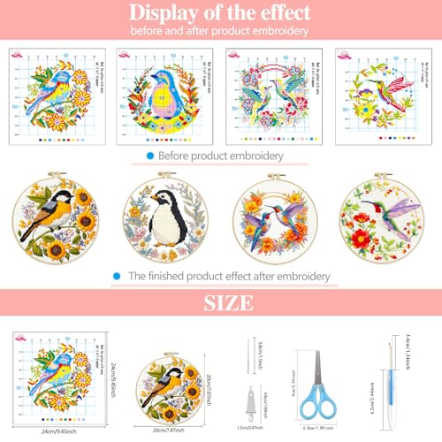 Image of Zhenqing 4 Pack Bird Cross Stitch Kit for Adults & Beginners, 11CT Stamped Cross Stitch Set with Hoop, Hummingbird, Penguin & Songbird Designs, DIY Embroidery Kit Home Decor Gift(70361)