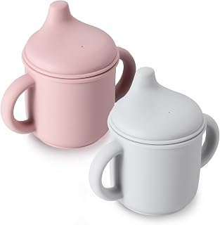 Potchen 2 Pieces Silicone Sippy Cup Training for Baby 6 months+ Soft with Straw Spill Proof Cups Toddlers Handles and Spout Lid Easy Grip 5oz (Pink, Light Gray, Cute Style)