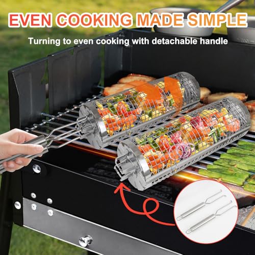 JUAUO 2-Stück Grillzubehör, Seitlicher Öffnung Zylindrischer Rotierender Grillkorb Set mit Edelstahl Griff, Praktisches Geschenke für Grillliebhaber, für Gemüse, Fleisch, Meeresfrüchte am Außengrill