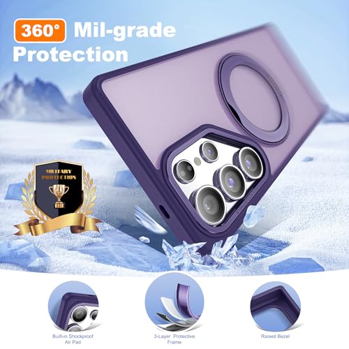 Image of for Samsung Galaxy S25 Ultra Case with 360Rotatable Magnetic Ring Stand Compatible with Mag-Safe Military Protection Shockproof Matte Translucent Phone Cases for S25 Ultra 6.9 inch,Dark Purple
