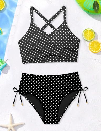 Image of Teen Girls Swimsuits V-Neck Bikini Set Bathing Suits Cross Straps Two Piece Swimwear with Drawstring