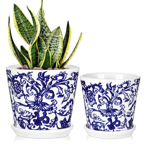 Arborus 2er-Set Blumentopf Keramik Blau und Weiß 12+10 cm Porzellan Übertopf mit Untersetzer Pflanztopf Pflanzgefäße Pflanzenkübel Blumenkübel für Zimmerpflanzen Blumen Lavendel Monstera Tomaten