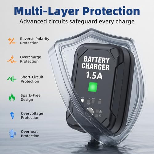 1.5A 6V/12V Car Battery Charger – Automatic Trickle Charger, Battery Maintainer with Overcharge Protection & Temperature Compensation – for Lead Acid, AGM, Gel, Lithium Batteries — view 6