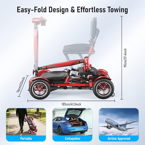 Image of Mobility Scooter Adults & Seniors, Red, 12AH Li-ion Battery | Carbon Fiber Lightweight, 15 Miles Range, Airline Approved, All-Terrain, 330lb Capacity, All-weather Cover