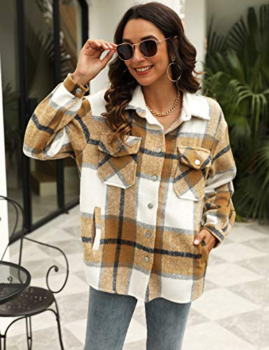 Uaneo Womens Plaid Shacket Button Down Wool Blend Fall Flannel Shirt Jacket (Khaki-S) #TOP3