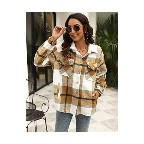 UANEO Womens Plaid Shacket Button Down Wool Blend Fall Flannel Shirt Jacket (Khaki-M)