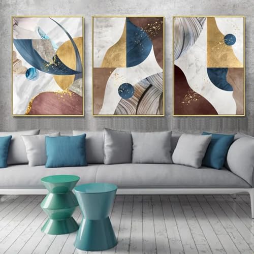 Toile abstraite géométrique bleu et or 50x75 cm décoration murale triptyque - 2
