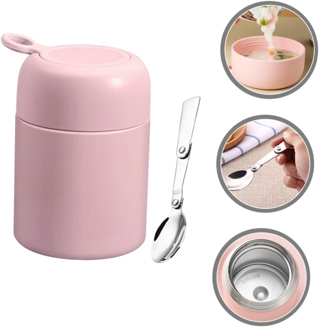 Abaodam Insulated Food Jar 500ml Portable Soup Cup with Leakproof Lid and Foldable Spoon, Vacuum Thermal Breakfast Cup for Students and Office Use, Pink