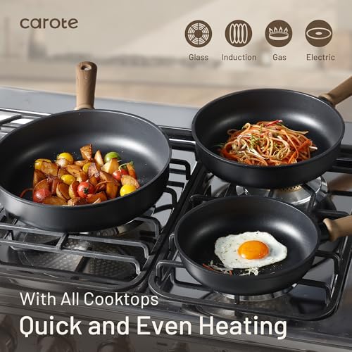 Image of CAROTE Non Stick Frying Pans, 9.5 inch Nonstick Skillet Titanium Frying Pan Chef's Pan, Titanium Lightweight, Stay-cool Handle, Compatible with All Stoves, Black