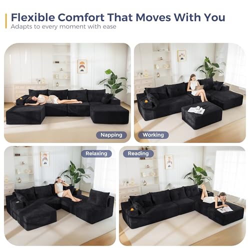 Image of MAXYOYO 132 inch Giant U-Shaped Modular Sectional Couch, Modern Boneless Couch for Living Room, Sofa in A Box, Oversized Sofa with Deep Seat, No Assembly Required, Black
