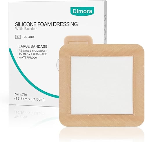 Dimora Vendaje grande ultra suave para heridas, vendaje de espuma adhesiva de silicona con bordes, 7 x 7 pulgadas (almohadilla de 5 x 5 pulgadas)