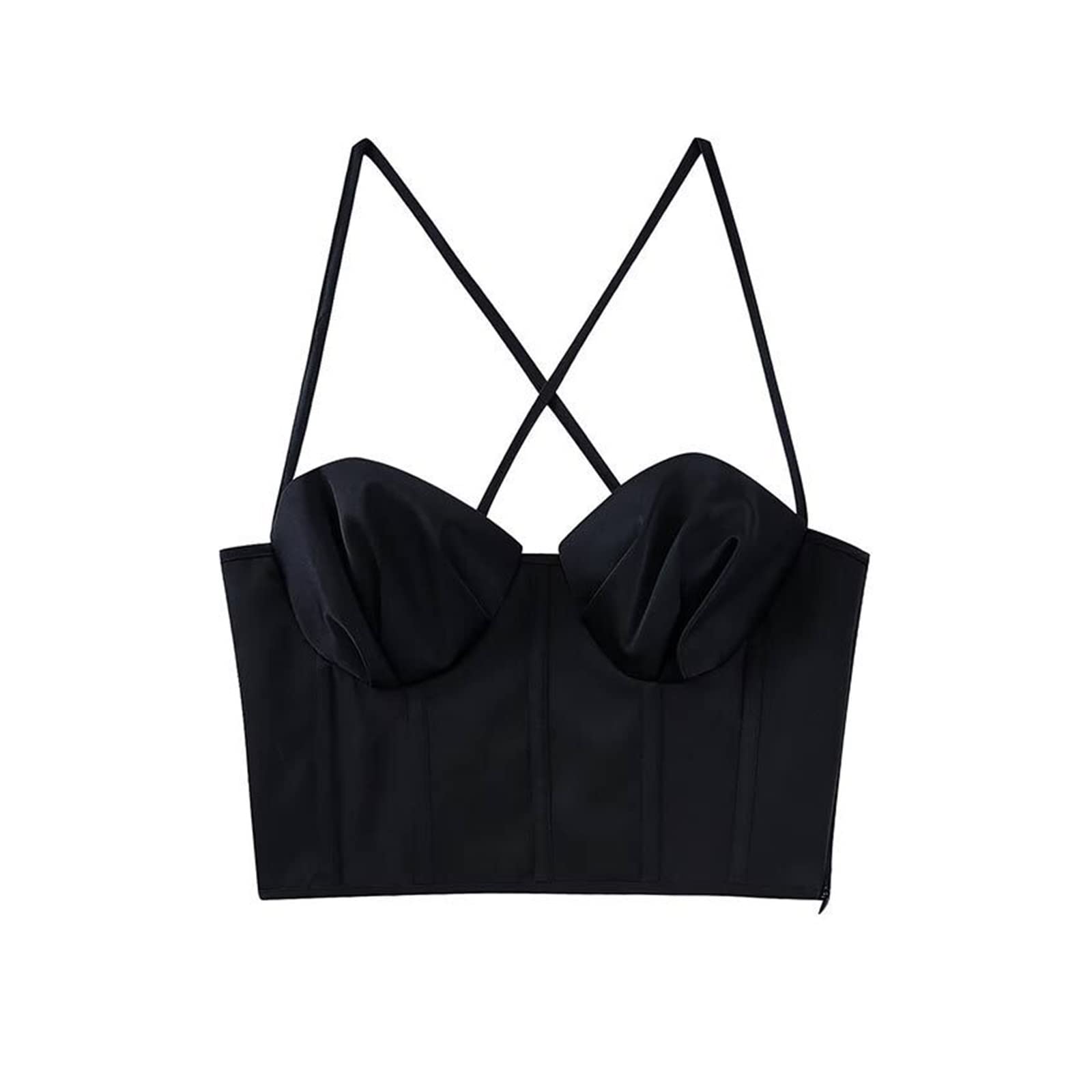 Señoras Sexy Sling Negro Spaghetti Straps Side Open Back Cross Cropped Zipper Tank Top Verano (Color : Black, Size : Medium)
