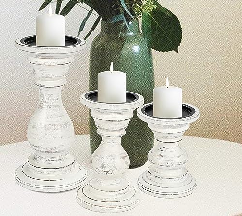 Homebia Designs Antique White Wooden Candle Holder Set of 3 – 10, 8, 6 Inch