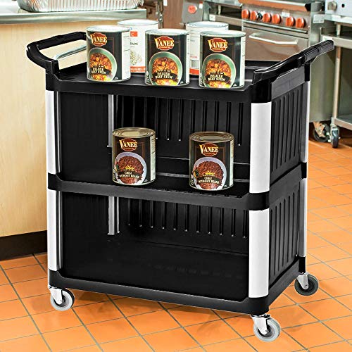 SHANGPEIXUAN Commercial Service Carts Heavy Duty 3 Shelf Plastic Utility Cart for Transporting Food, Dishes, or Janitorial Supplies(Black 40 x 19.6)