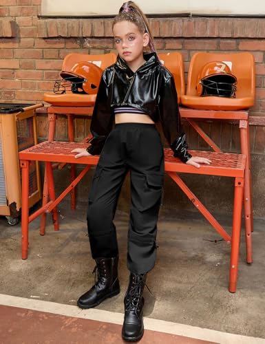 Perfashion Cargo Pants for Girls Hip Hop Dance Metallic Y2K Neon Drawstring Parachute Wide Leg Jogger 4-13Y2