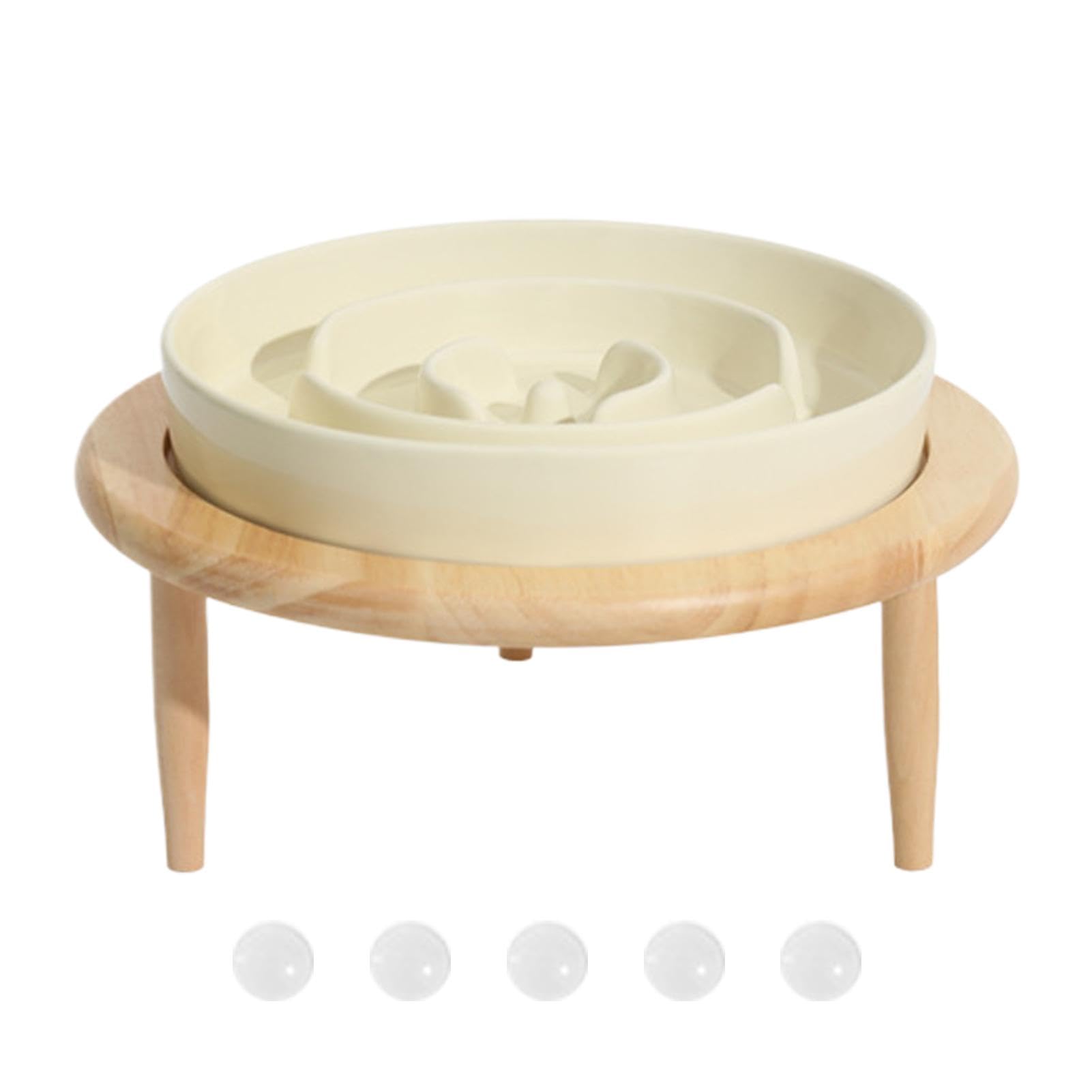 Comedero automático para Gatos， Comedero Lento for Perros, comedero de Madera y cerámica con Base elevada, Antideslizante(Beige)