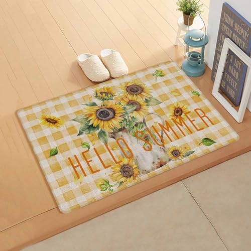 Plaid Sunflower Antifatigue Kitchen Bath Door Mat Cushioned Runner Rug,Washable Welcome Floor Sink Mat,Waterproof & Non-Slip Standing Doormat for Kitchen,Rustic Farmhouse Buffalo Floral Summer 24