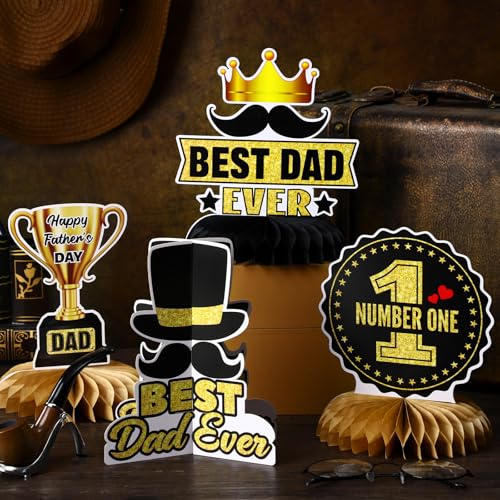 Image of 12 Pcs Father's Day Decorations Honeycomb Black and Gold Father's Day Centerpieces for Table Best Dad Ever Table Topper for Home Office Birthday Honeycomb Supplies Decor