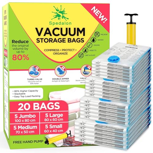 Vacuum Storage Bags - Pack of 20 (5 Jumbo + 5 Large + 5 Medium + 5 Small) ReUsable with free Hand Pump for travel packing | Best Sealer Bags for Clothes, Duvets, Bedding, Pillows, Blankets, Curtains