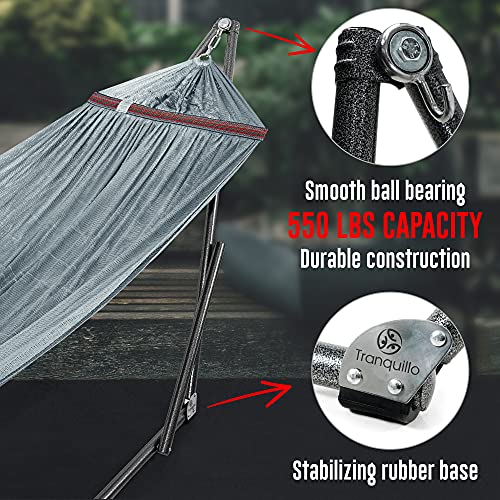 Tranquillo 550Lb Capacity 2 Persons 30 Seconds Set Up No Screw Needed Foldable Portable Double Hammock With Stand & Carry Bag For Garden Camping, Grey #TOP2