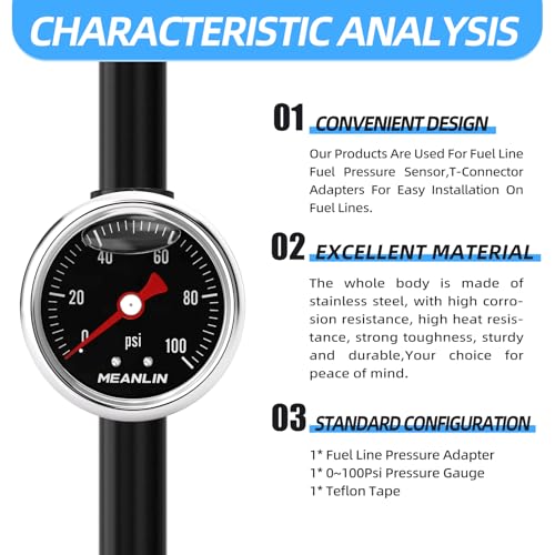 Image of MEANLIN MEASURE 0~100Psi Black Stainless Steel Glycerin Filled Pressure Gauge 1 /8 inch NPT 1.5 inch FACE DIAL, with 6AN Pressure Take Off Fitting, Liquid Filled Pressure Gauge WOG Water Oil Air Back Mount