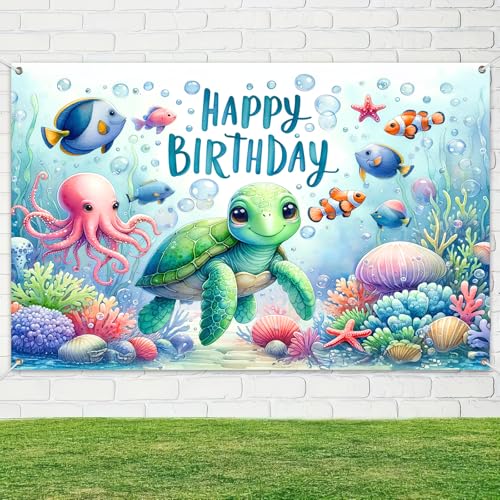 Image of HOMETITUTE Happy Birthday Banner Under The Sea Backdrop 96x72 Inch