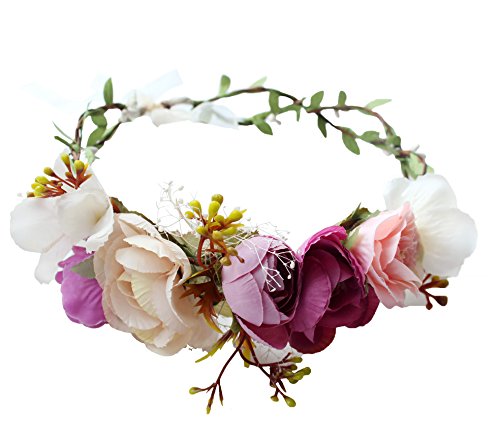 Floral Crown Rose Flower Headband Hair Wreath Floral Headpiece Flower Halo Boho with Ribbon Wedding Party Prom Festival Photos Pink by Vivivalue