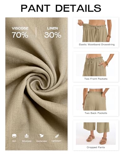 Bsubseach Women Linen Pants Summer Wide Leg Cropped Palazzo Pants Drawstring High Waisted Beach Lounge Trousers with Pockets Khaki M
