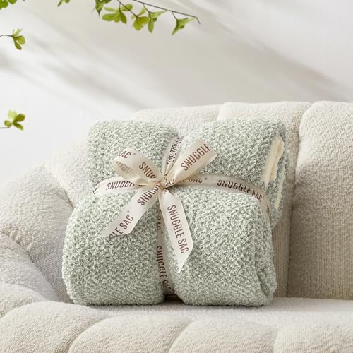 Image of Snuggle Sac Heather Sage Green Throw Blanket for Couch, Reversible Super Soft Knitted Blankets Warm Cozy Fuzzy Throws for Sofa, Bed, Camping, Sage Green, 50x60 inches