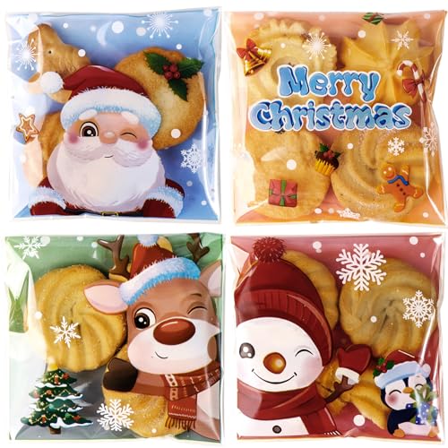 100pcs Bolsas Dulces Autoadhesivas Navidad Bolsas Galletas para Regalo Bolsa Celofán Navideño...