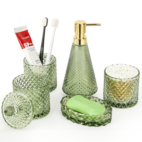 Newlifegift 5pcs Green Glass Bathroom Accessory Complete Set， Lotion Dispenser, Soap Dish, Toothbrush Holder, Cotton Swab Jars, Modern Bathroom Decor, Gift for Home Apartment