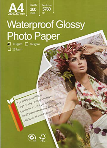 Great Quality Photo Glossy White Paper A4 100 Sheets 8.3x11.7’’ 115 gr weight. Dries Quickly Excellent Price Much better finish Best Look Pictures print for all inkjet printer Beautiful Colors