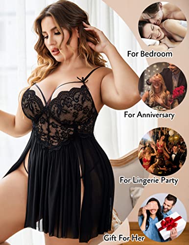 Avidlove Plus Size Lingerie Lace Babydoll Womens Strap Chemise Nightgown V Neck Nighty Mesh Sleepwear Side Slit Nightdress3