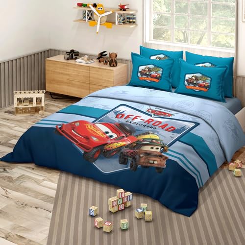 Image of Sassoon Disney Cars Off-Road Digital Printed 100% Cotton Bedsheet with 2 Pillow Covers in 300TC
