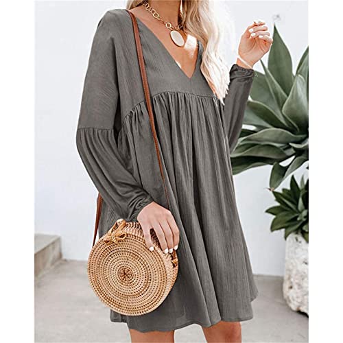 Damen Langarm V- Ausschnitt Sommerkleid Kurz Faltenrock Minikleid Knielang Hohe Taille Locker Kleid Einfarbig-2