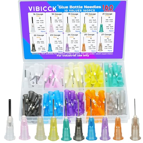 VIBICCK 10sizes, 160 blunt tip glue dispensing nozzles Blunt-nosed needle glue applicator, used for applying industrial liquids, adhesives, inks, perfumes, lip glosses.0.5 inches,