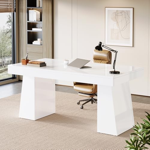 Image of Tribesigns 55-Inch Executive Desk, Large Wood Office Computer Desk with Double Pedestal, Modern Minimalist Workstations Writing Table Conference Table Furniture for Home Office, White